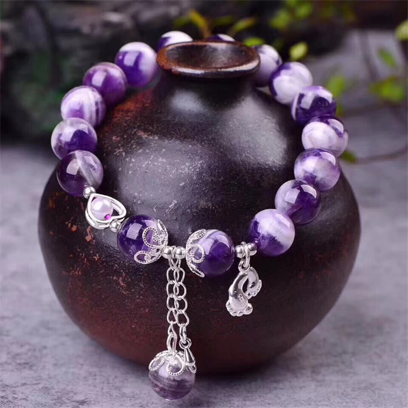 10mm Amethyst Bracelet with Love Heart & Feet Charm