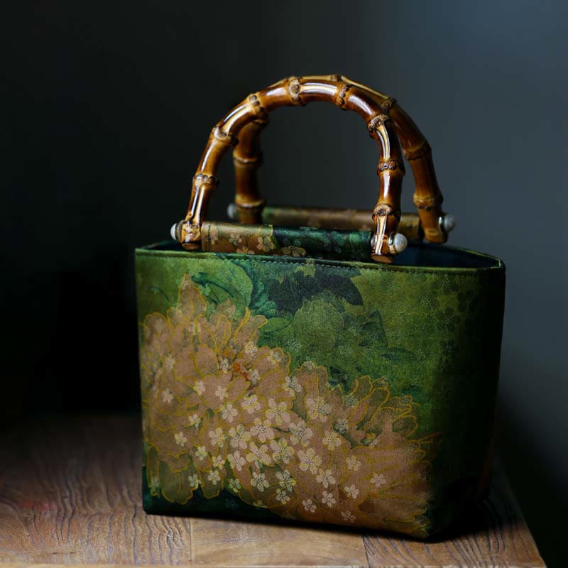 Yellow Bird Green Peony Bamboo Handle Handbag | Spiritual Accessory