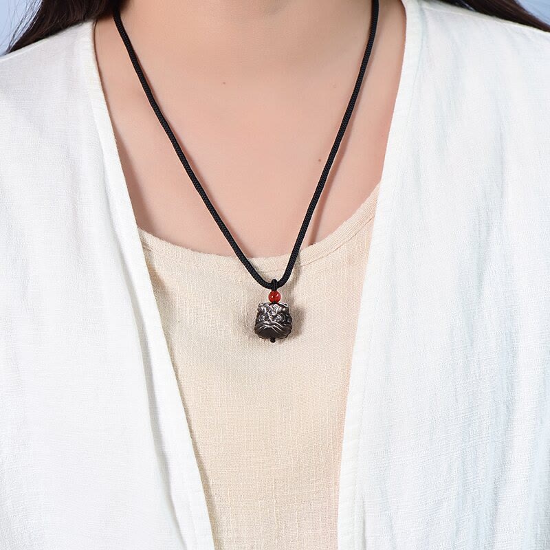 Silver Sheen Obsidian Dancing Lion Protection Necklace Unisex