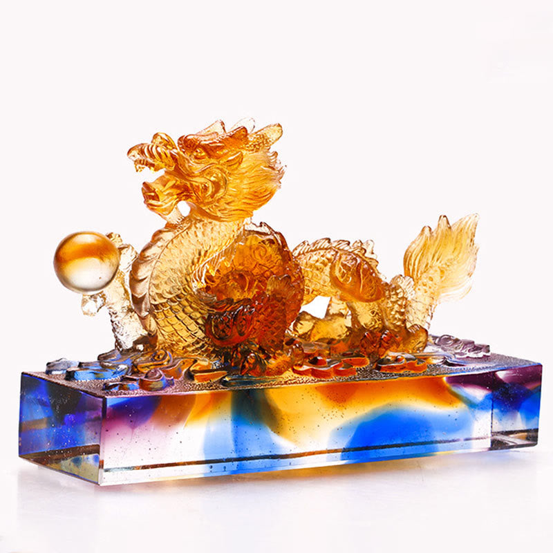 Multicolored Liuli Chinese Dragon Statue 6.3 Inch Feng Shui Piece