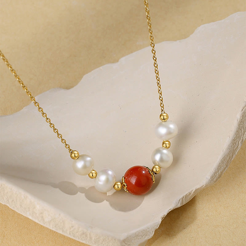 925 Sterling Silver Pearl & Cinnabar Healing Bead Necklace