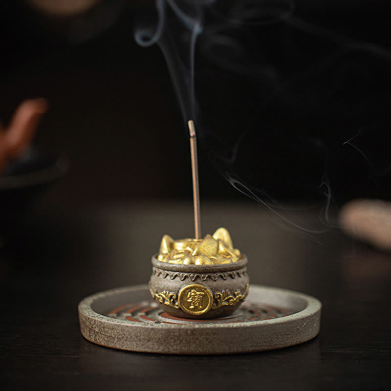 Ceramic Bagua Incense Burner | Treasure Bowl & Lucky Bag Set
