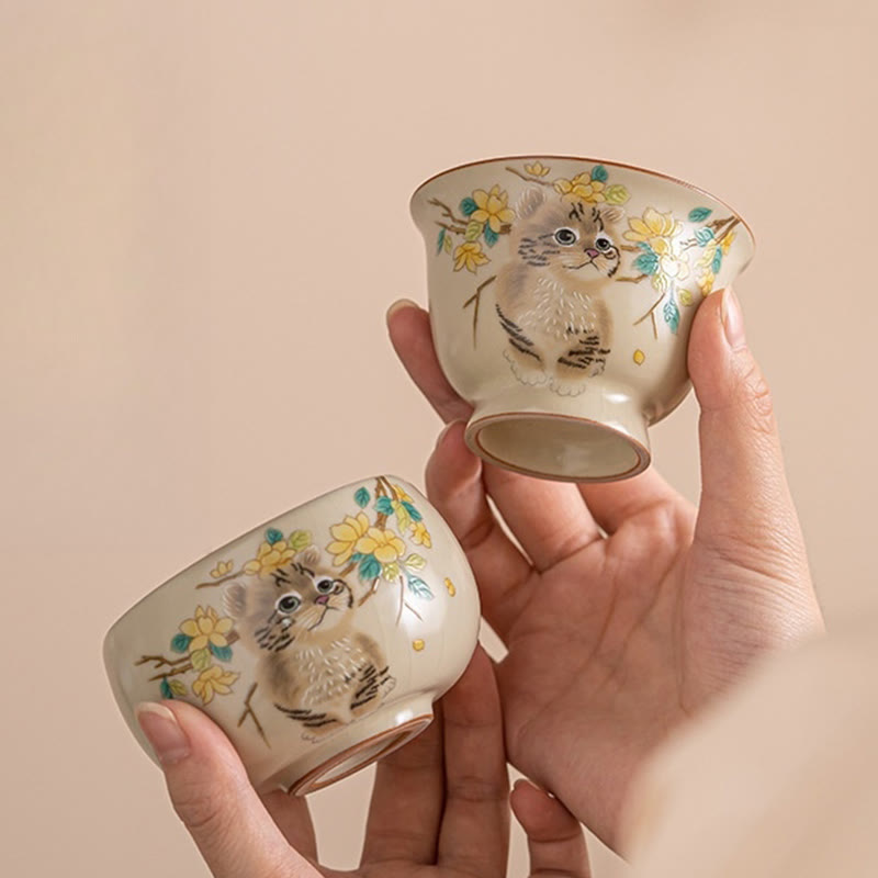Ceramic Cat & Rabbit Kung Fu Tea Cups for Zen Decor