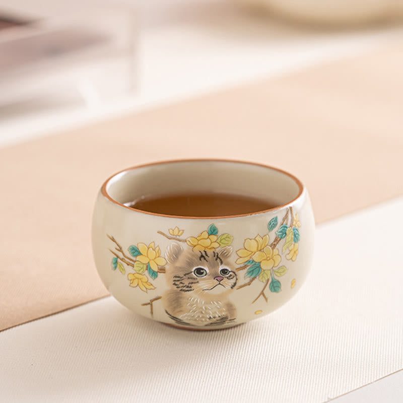 Ceramic Cat & Rabbit Kung Fu Tea Cups for Zen Decor