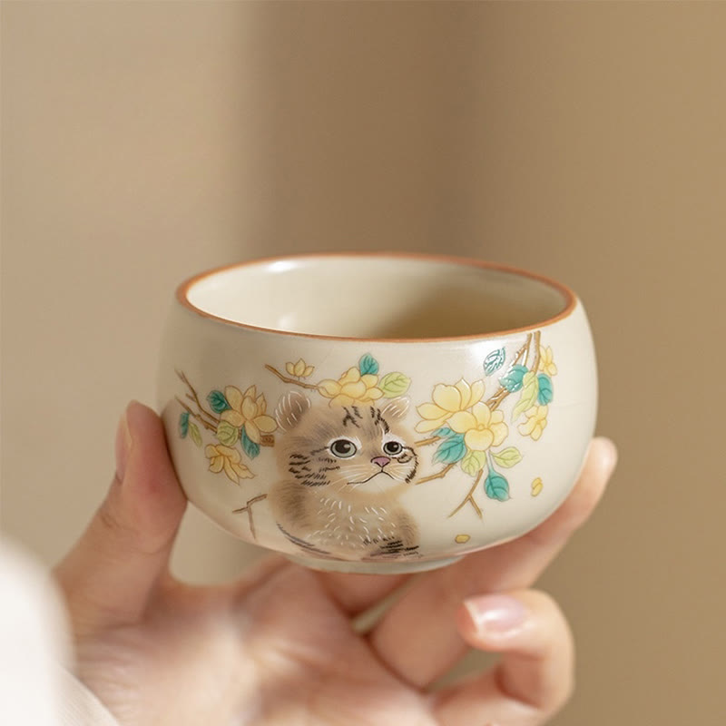Ceramic Cat & Rabbit Kung Fu Tea Cups for Zen Decor