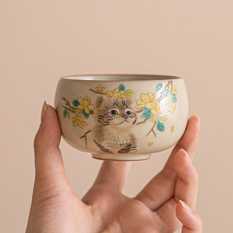 Ceramic Cat & Rabbit Kung Fu Tea Cups for Zen Decor