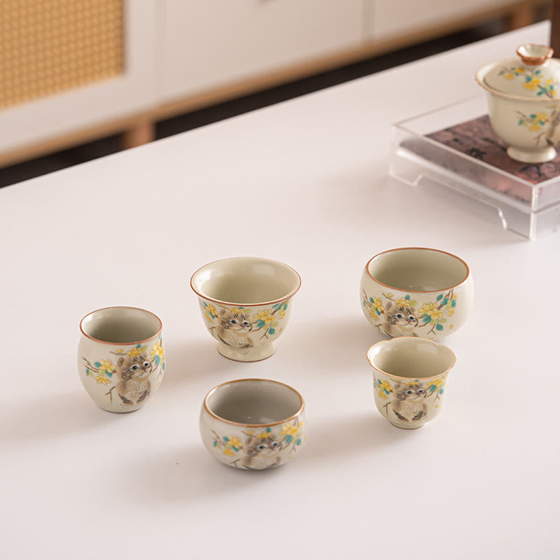 Ceramic Cat & Rabbit Kung Fu Tea Cups for Zen Decor