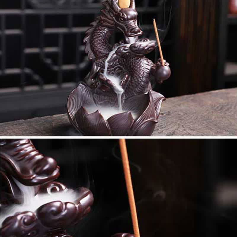 Ceramic Dragon Lotus Incense Burner for Strength & Protection