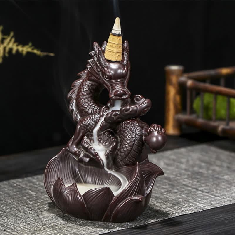 Ceramic Dragon Lotus Incense Burner for Strength & Protection