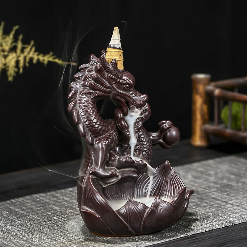 Ceramic Dragon Lotus Incense Burner for Strength & Protection
