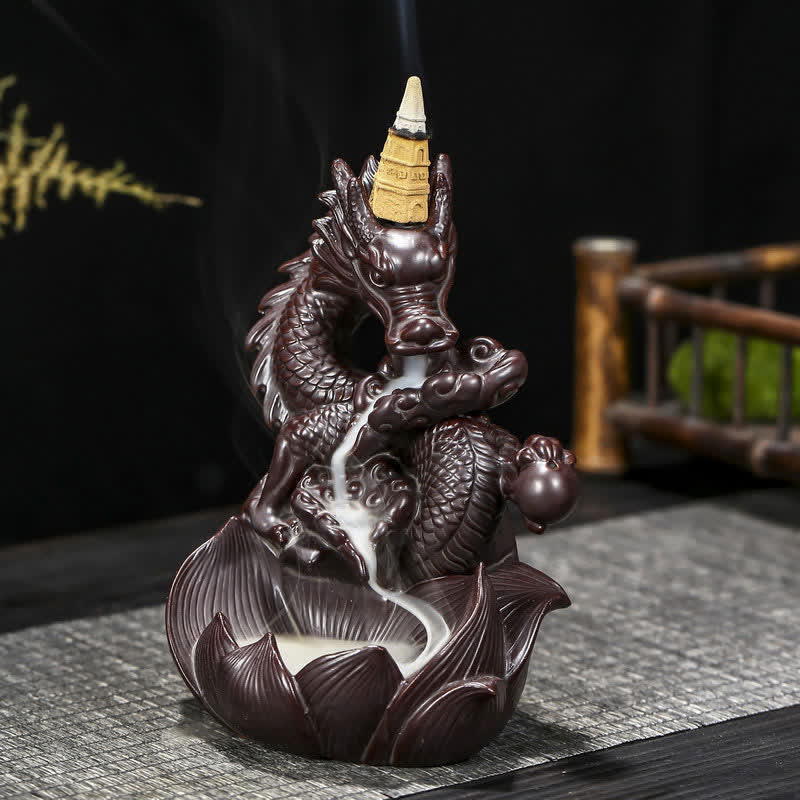 Ceramic Dragon Lotus Incense Burner for Strength & Protection