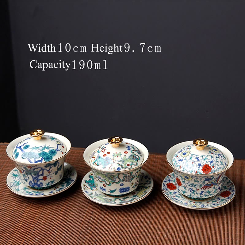 Ceramic Gaiwan Sancai Teacup 190ml with Zen Decor Art