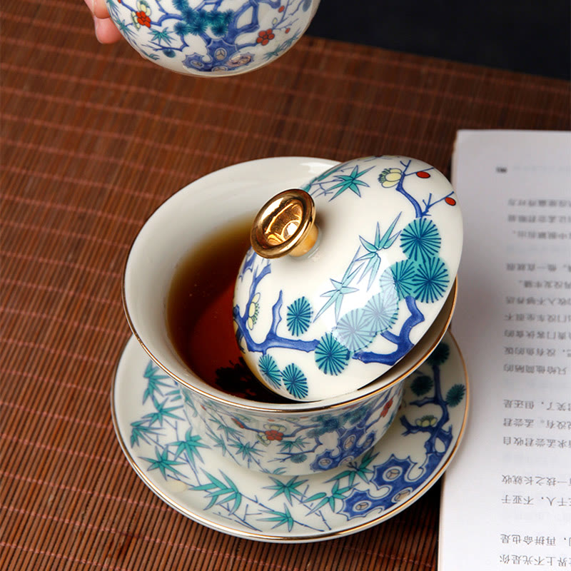 Ceramic Gaiwan Sancai Teacup 190ml with Zen Decor Art