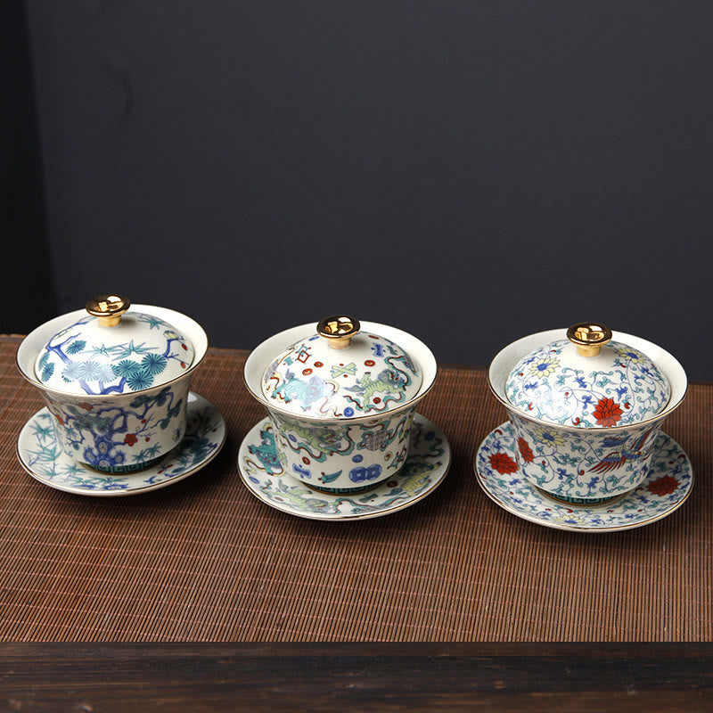 Ceramic Gaiwan Sancai Teacup 190ml with Zen Decor Art