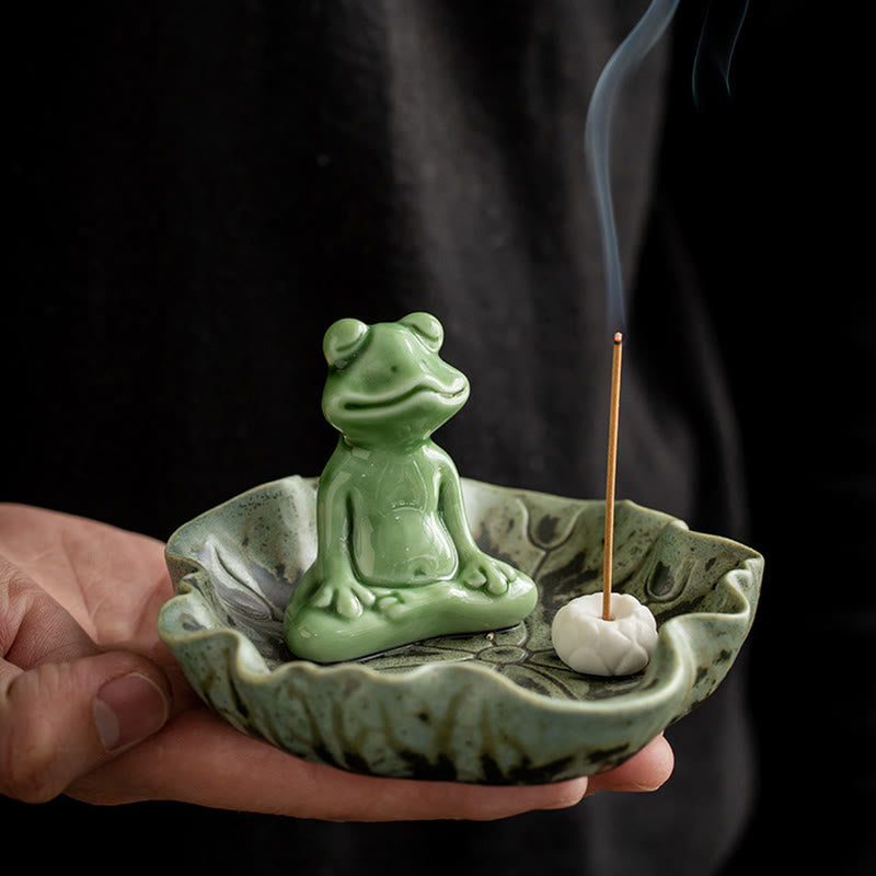 Ceramic Incense Burner | Lotus Leaf Meditation Frog 11cm