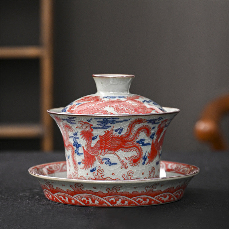 Ceramic Jingdezhen Dragon Phoenix Gaiwan Tea Cup 170ml