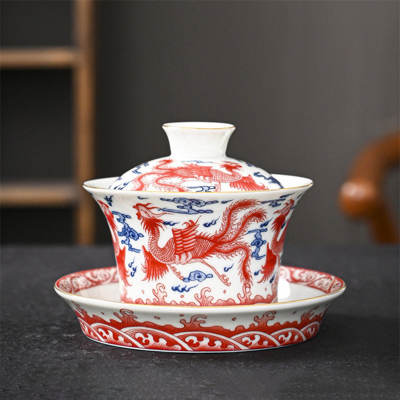 Ceramic Jingdezhen Dragon Phoenix Gaiwan Tea Cup 170ml