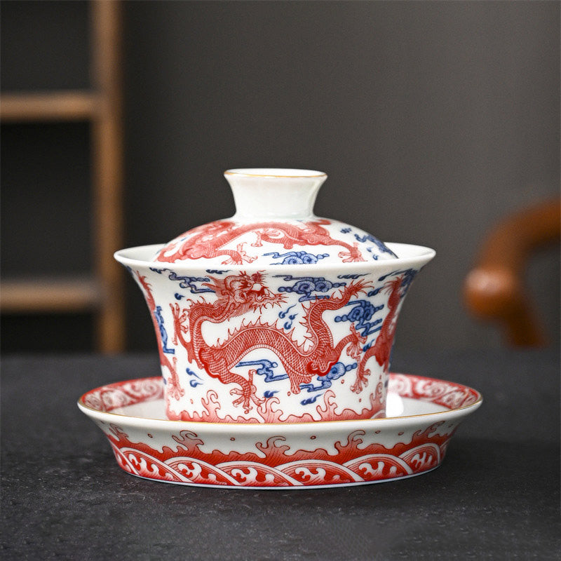 Ceramic Jingdezhen Dragon Phoenix Gaiwan Tea Cup 170ml