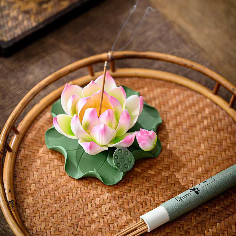 Ceramic Lotus Flower Leaf Pod Incense Burner 10.5cm