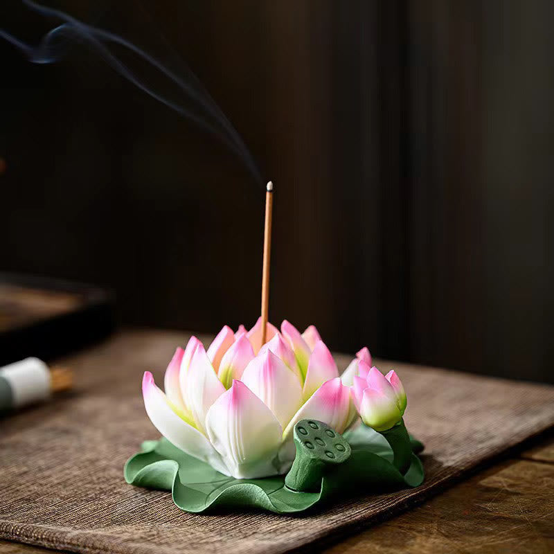 Ceramic Lotus Flower Leaf Pod Incense Burner 10.5cm