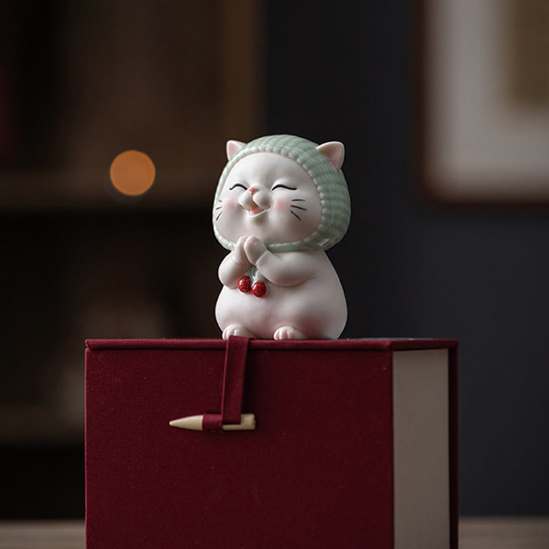 Ceramic Lucky Cat Figurine 6" Zen Decor for Positive Energy