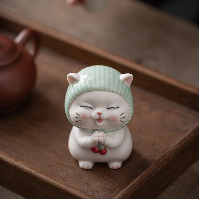 Ceramic Lucky Cat Figurine 6" Zen Decor for Positive Energy