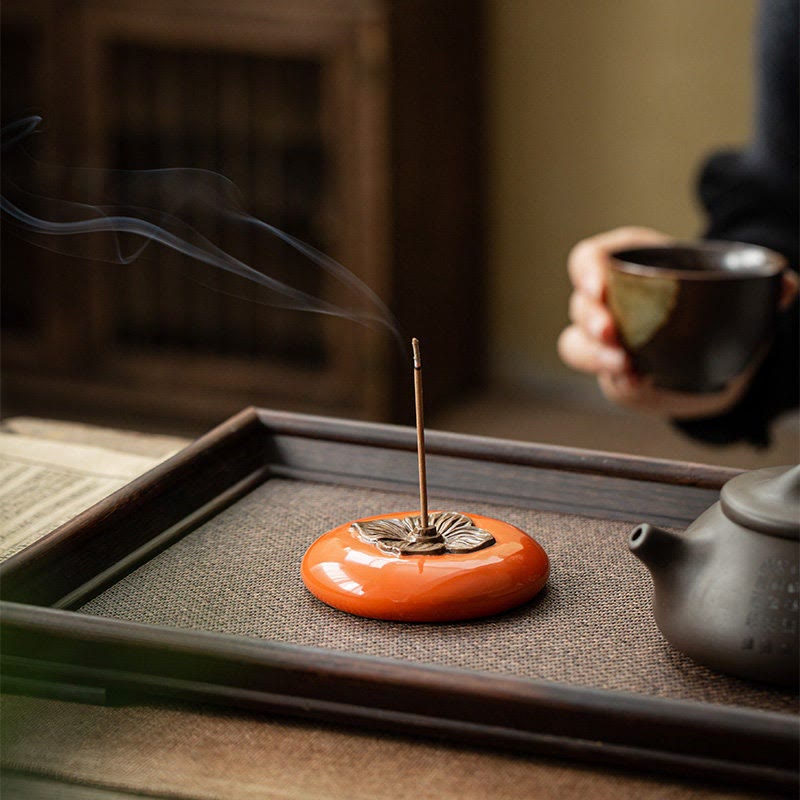 Ceramic Persimmon Incense Burner for Meditation Healing