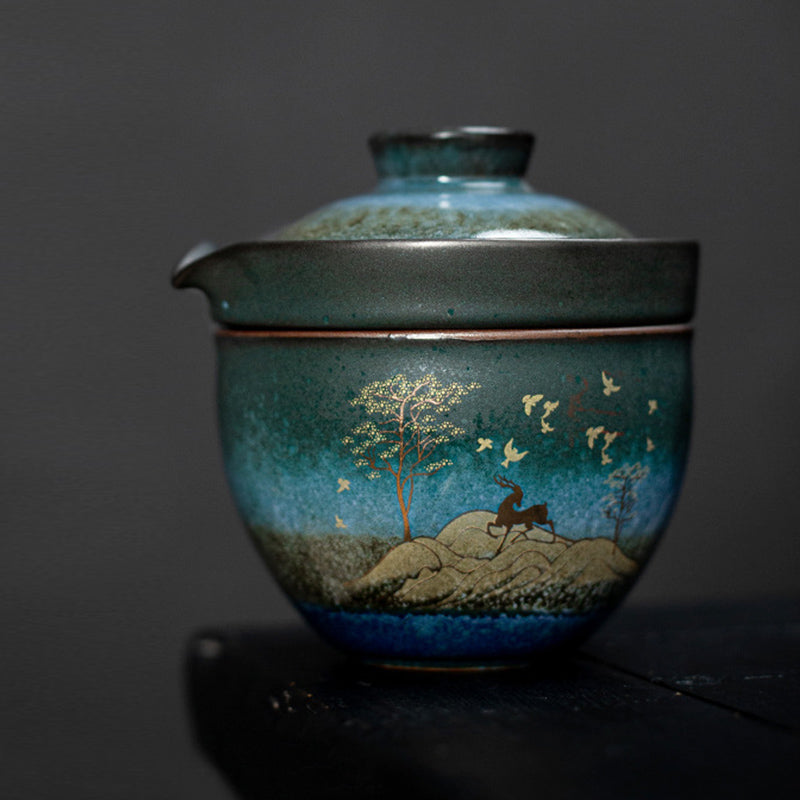 Ceramic Tea Cup with Deer and Cat Design for Spiritual Serenity