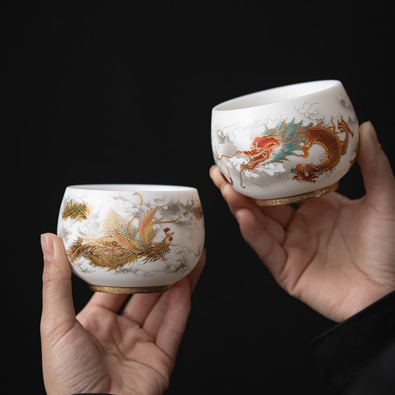 Ceramic Zen Decor Tea Cup | Phoenix Dragon Lotus Motifs