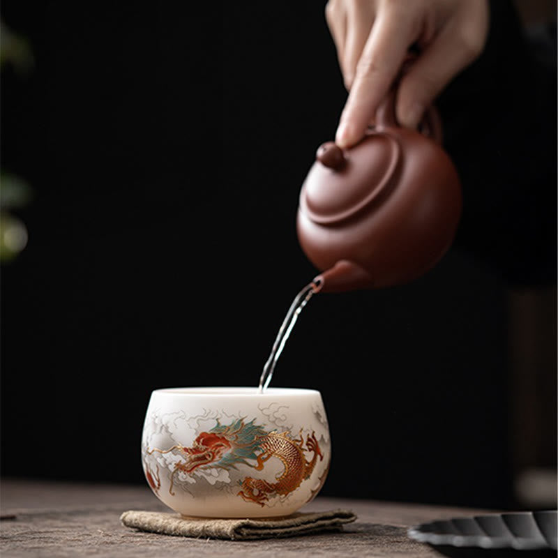 Ceramic Zen Decor Tea Cup | Phoenix Dragon Lotus Motifs