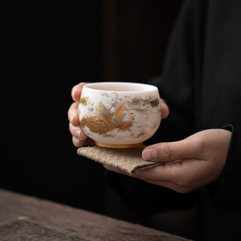 Ceramic Zen Decor Tea Cup | Phoenix Dragon Lotus Motifs