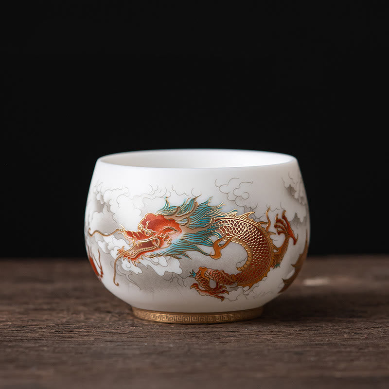 Ceramic Zen Decor Tea Cup | Phoenix Dragon Lotus Motifs
