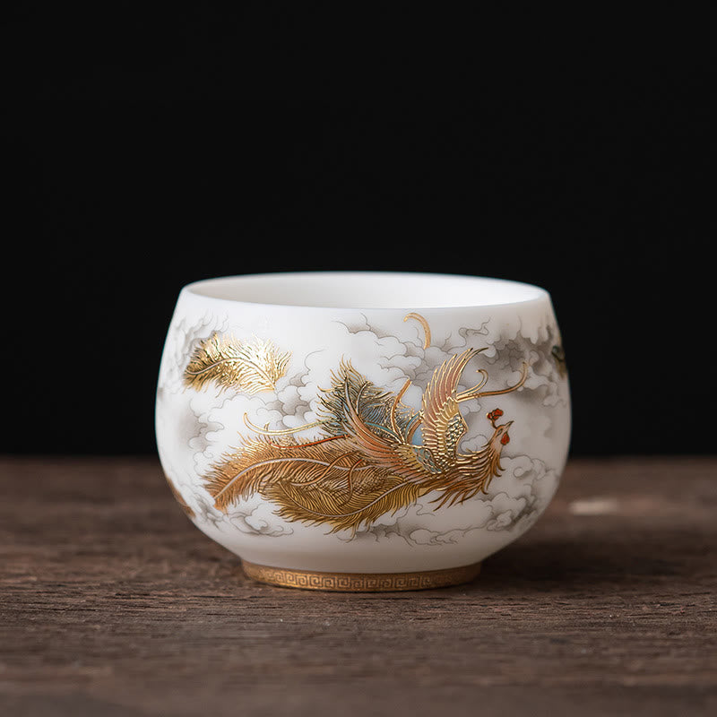 Ceramic Zen Decor Tea Cup | Phoenix Dragon Lotus Motifs