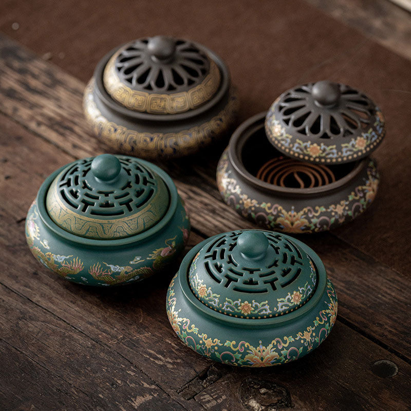 Ceramic Zen Incense Burner with Dragon or Floral Design 11.7cm