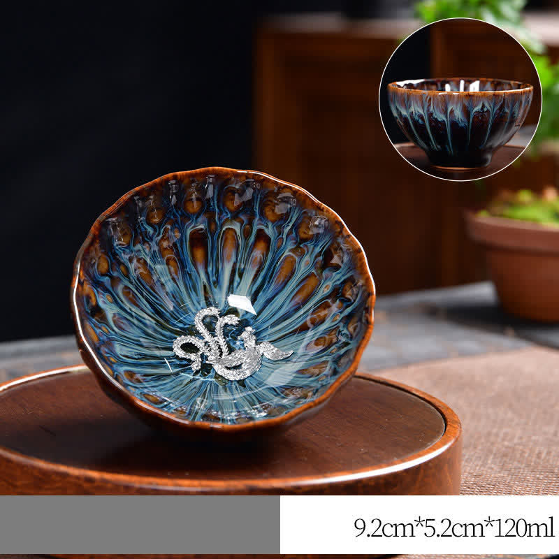 Ceramic Zen Teacup 120ml | Lotus Peacock Dragon Symbolism