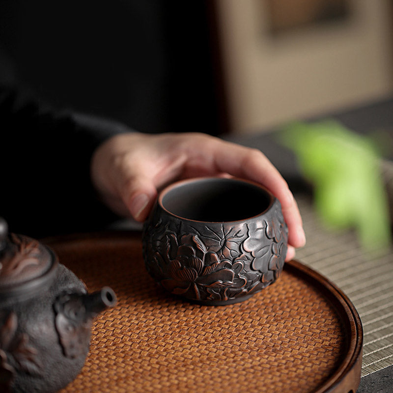 Ceramic Zen Teacup with Lotus & Dragon Design - 130ml Bowl
