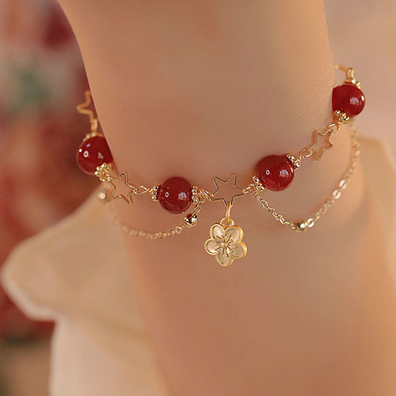 8mm Red Agate Calm Bracelet with Star Flower Charm