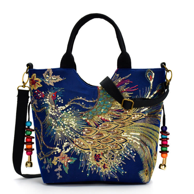 Peacock Embroidered Tote Bag | Canvas Shoulder Crossbody