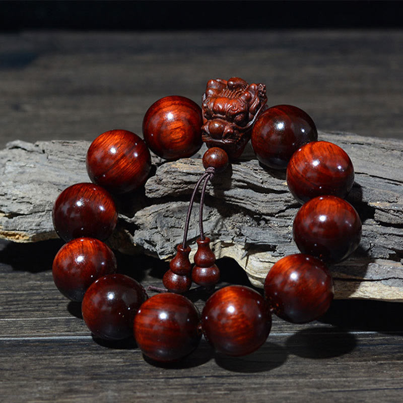 Dragon Carved Protection Bracelet in Rosewood & Sandalwood 20mm Beads