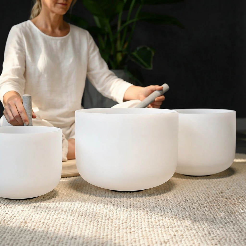 White Frosted Crystal Singing Bowl Set - 8 PCS 7-14 Inch