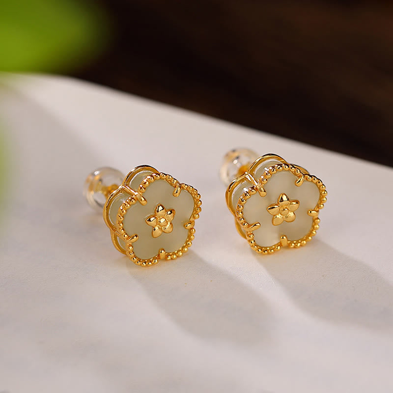 Sterling Silver Hetian Jade Plum Flower Luck Stud Earrings