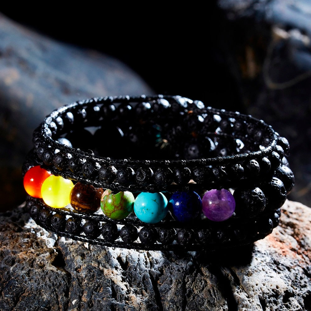 7 Chakra Gemstone Aromatherapy Bracelet with Lava Stones