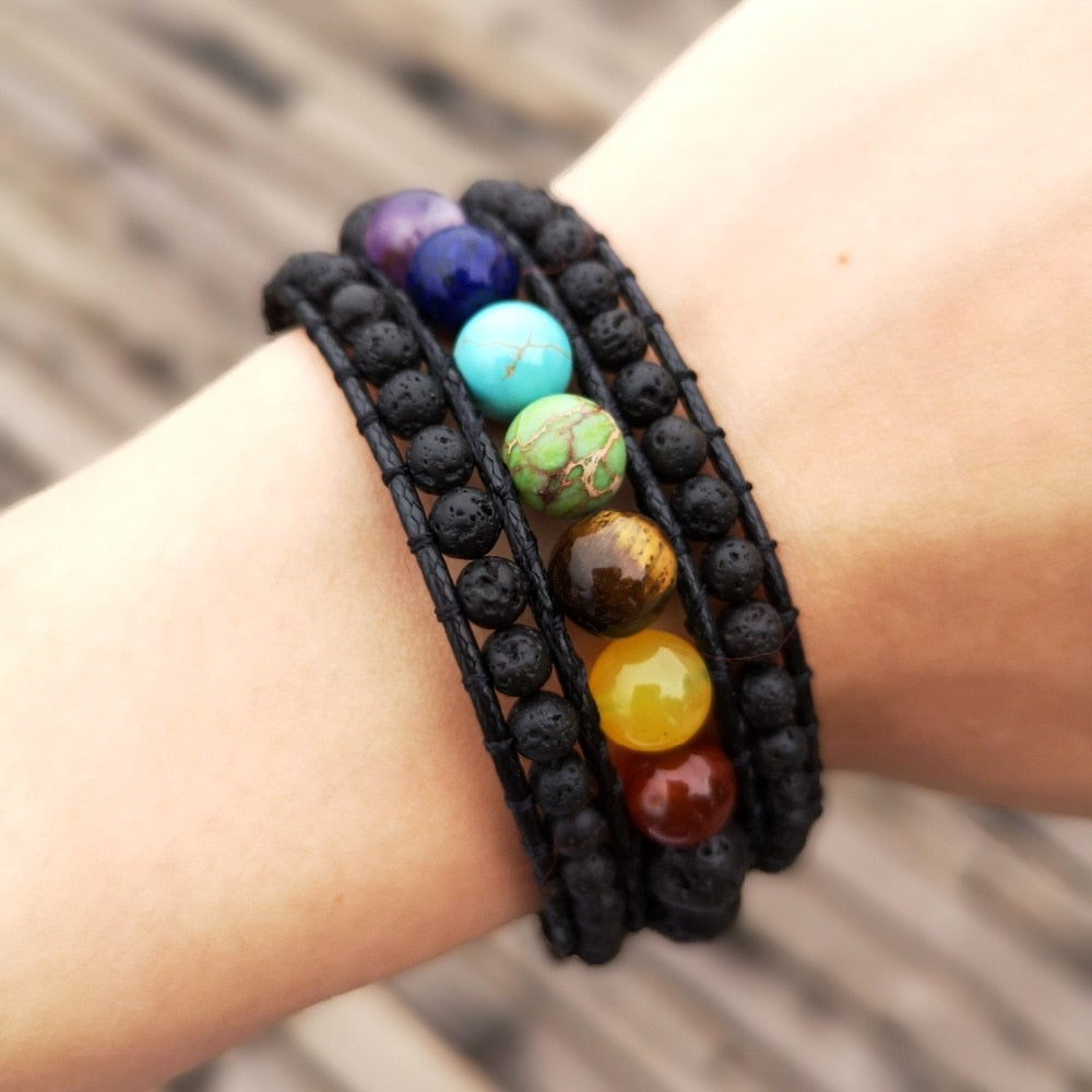 7 Chakra Gemstone Aromatherapy Bracelet with Lava Stones