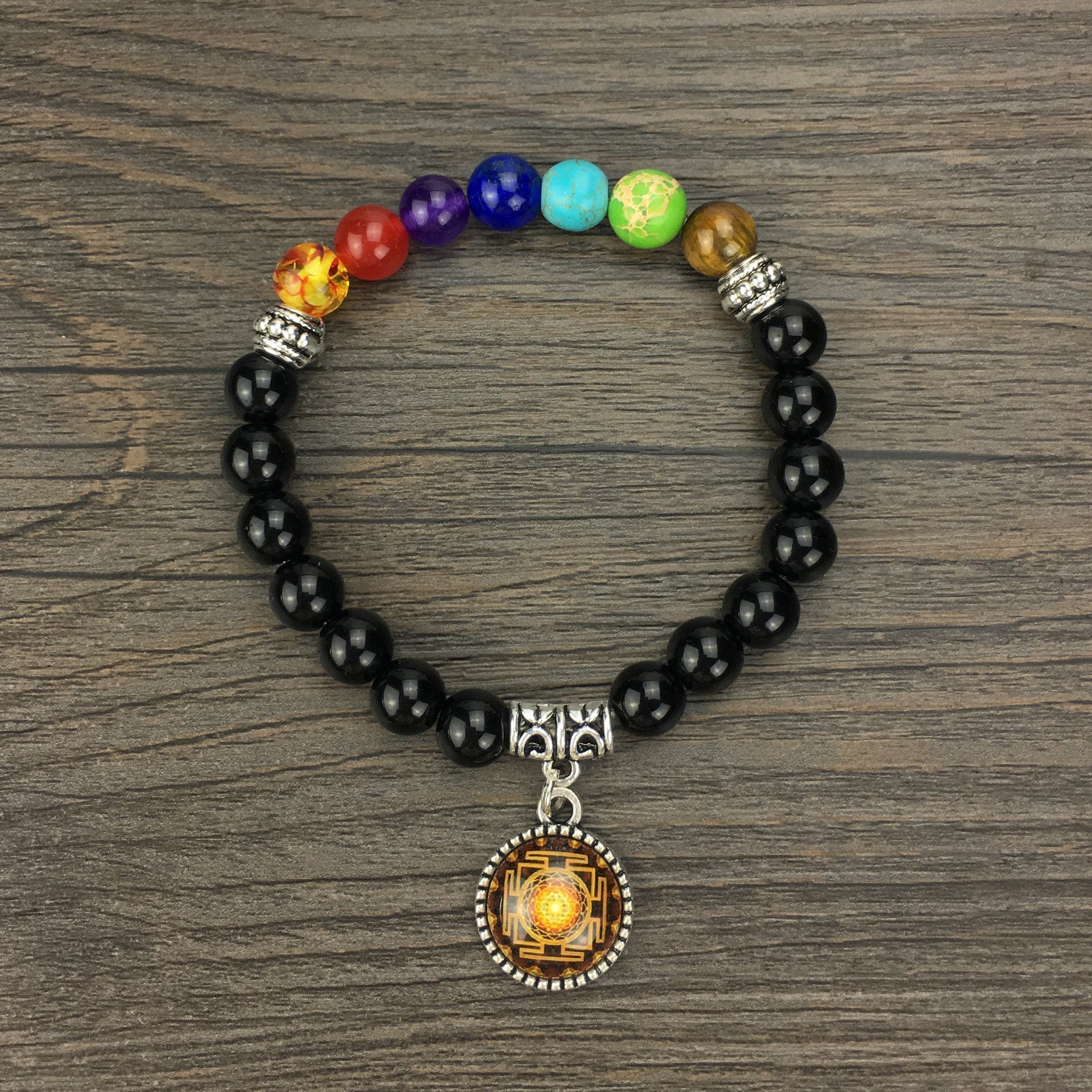 Sri Yantra Bracelet with 7 Chakra Stones 7.5 Inch