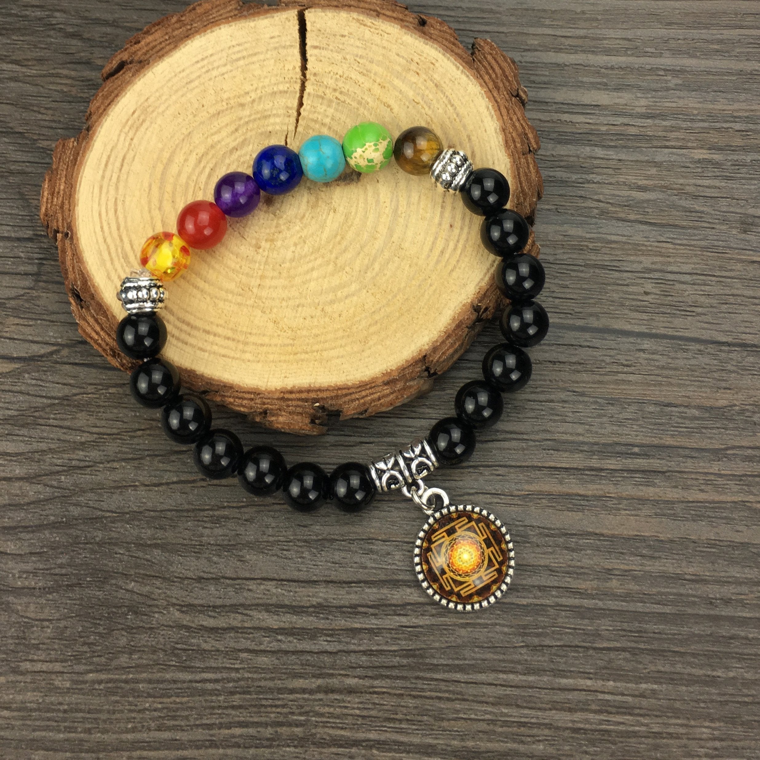 Sri Yantra Bracelet with 7 Chakra Stones 7.5 Inch