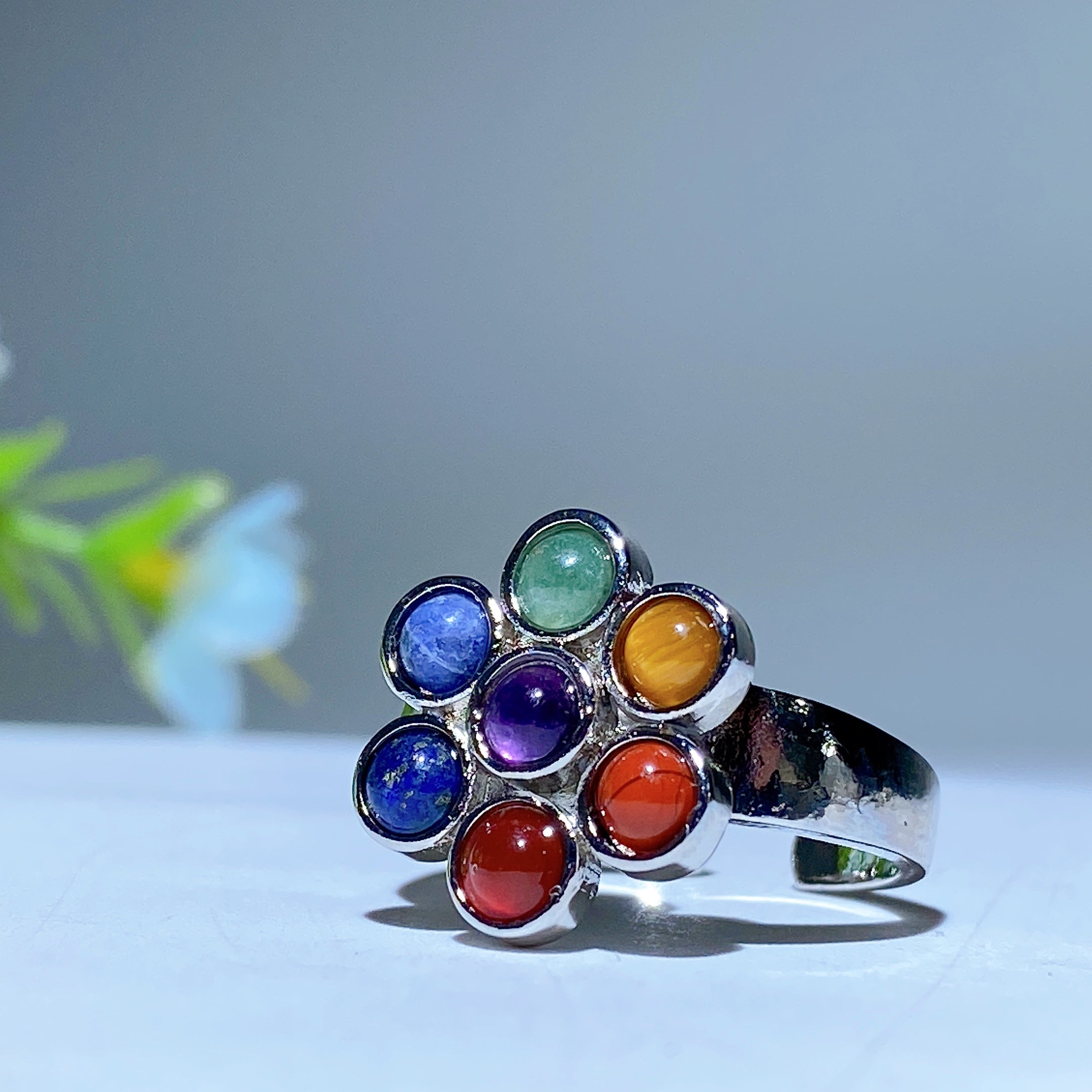 Chakra Crystal Flower Ring Silver 24mm Healing