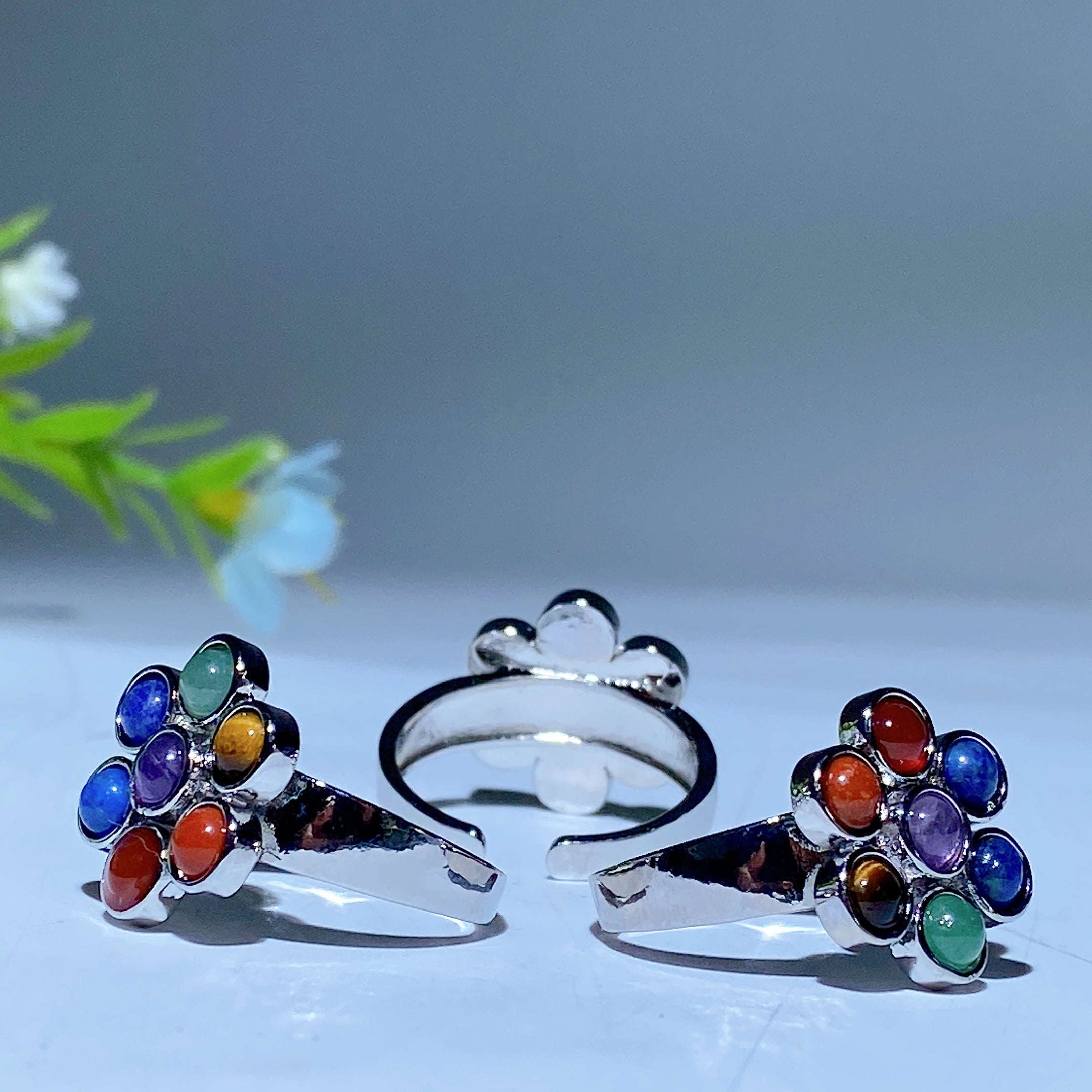 Chakra Crystal Flower Ring Silver 24mm Healing