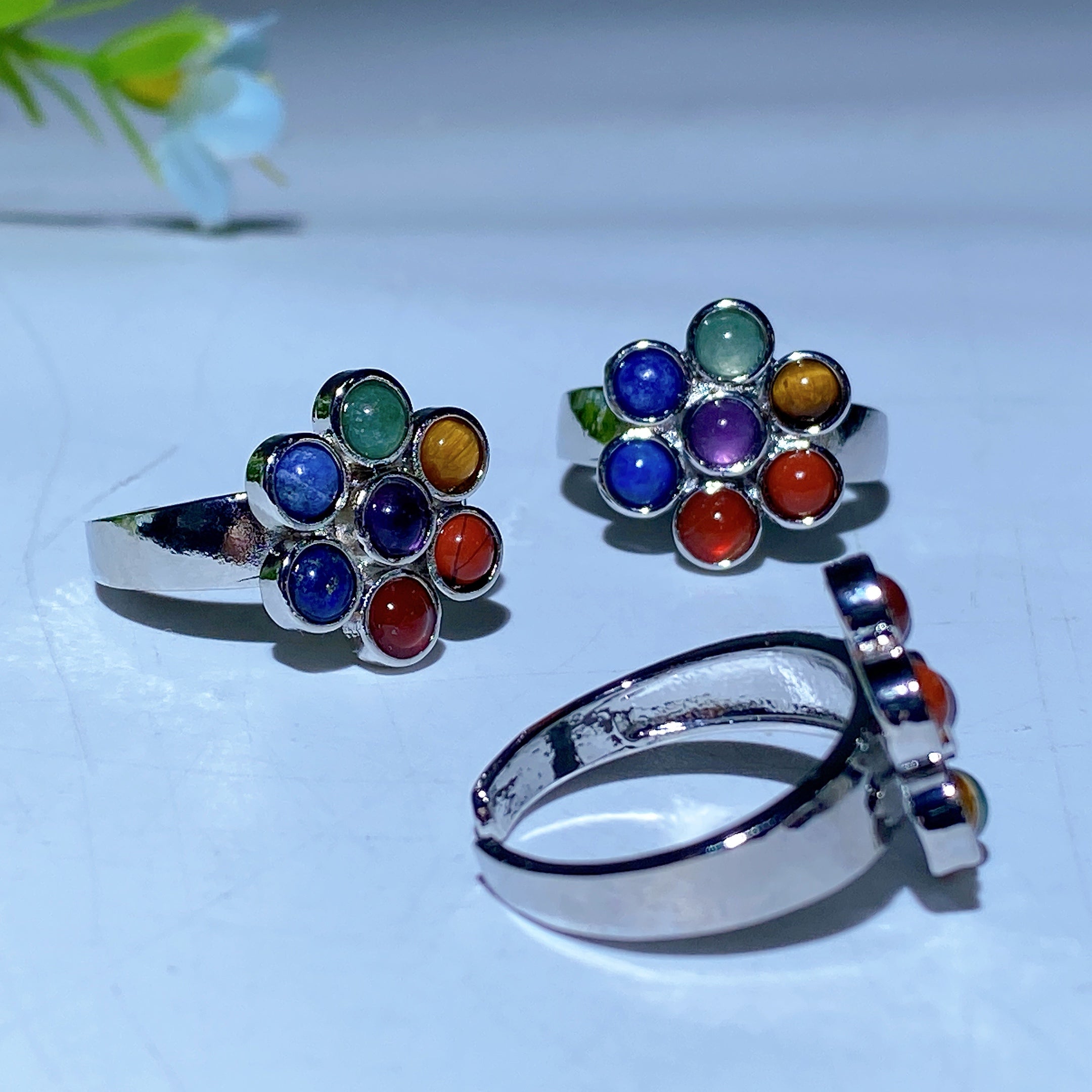 Chakra Crystal Flower Ring Silver 24mm Healing
