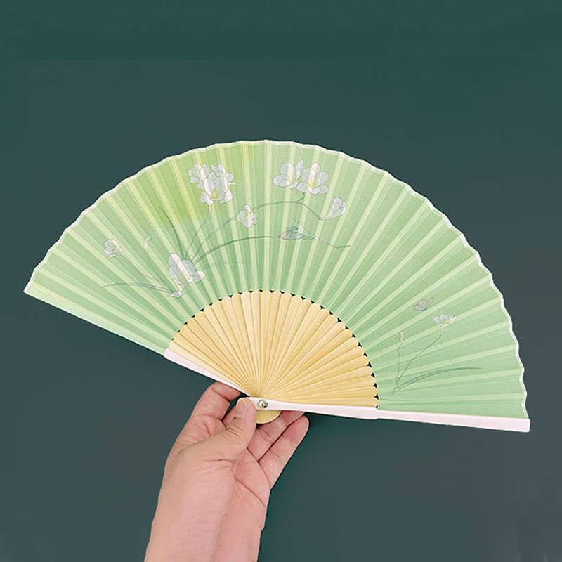 Chinese Folding Fan Orchid Begonia Bamboo Handheld Fan 21-22cm