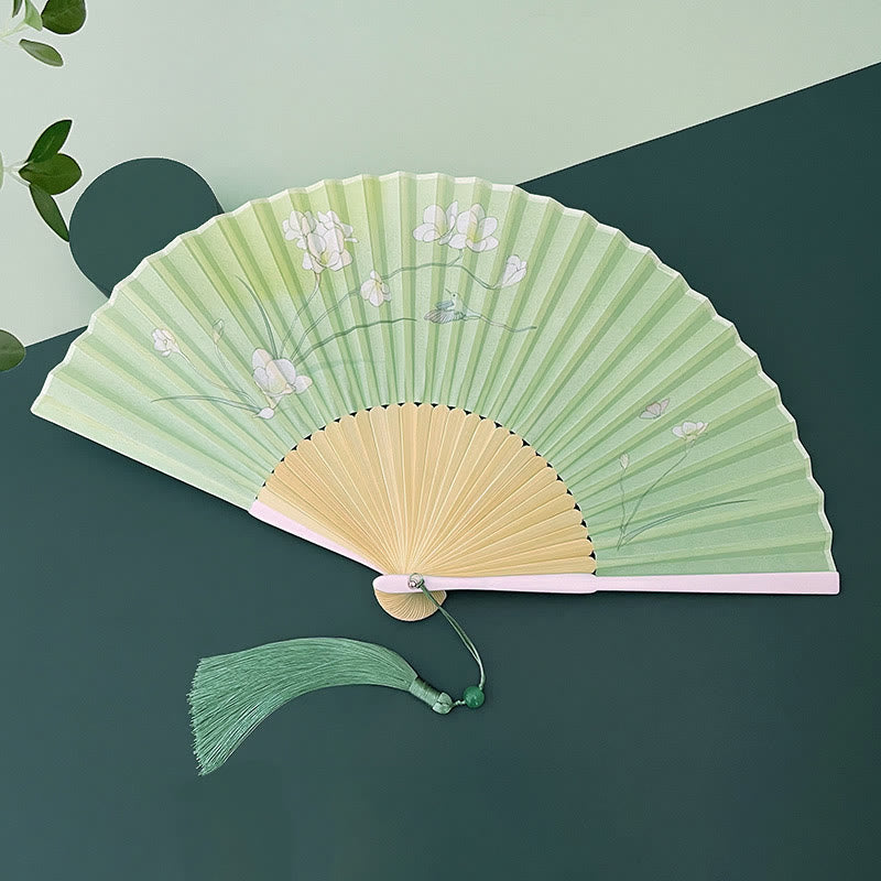 Chinese Folding Fan Orchid Begonia Bamboo Handheld Fan 21-22cm